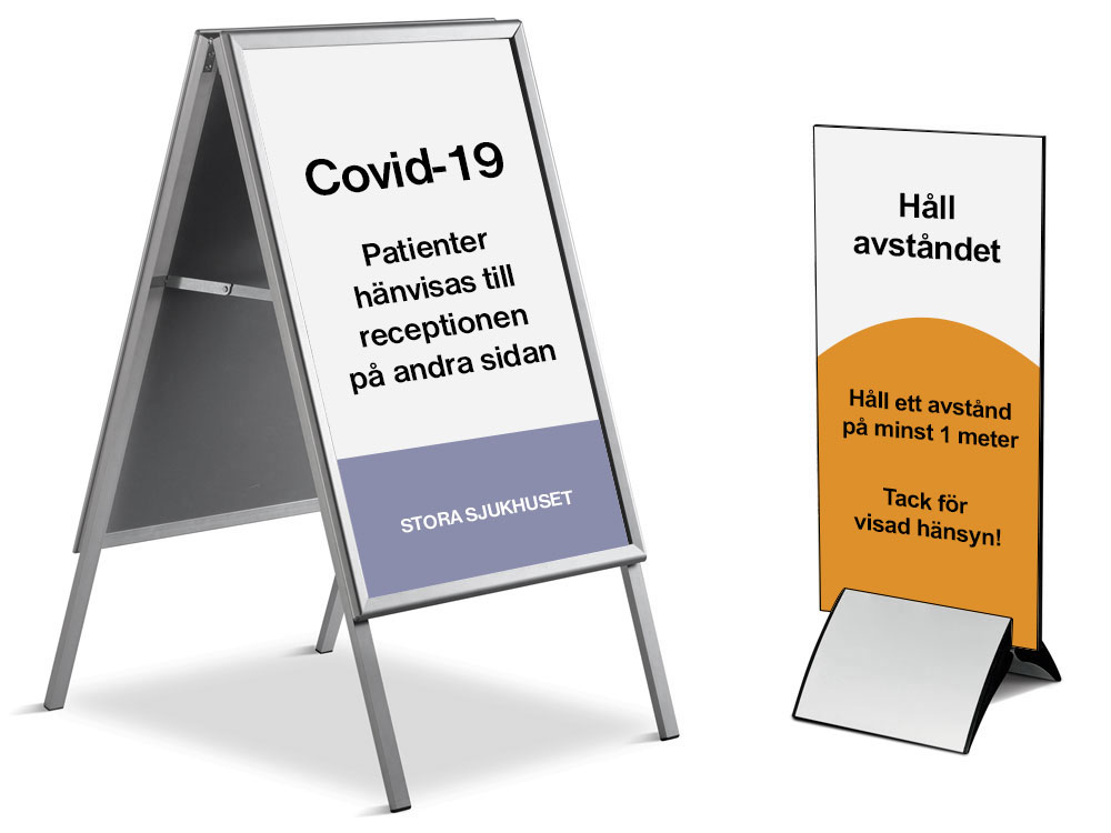 Skyltar och trottoarpratare med budskap om corona