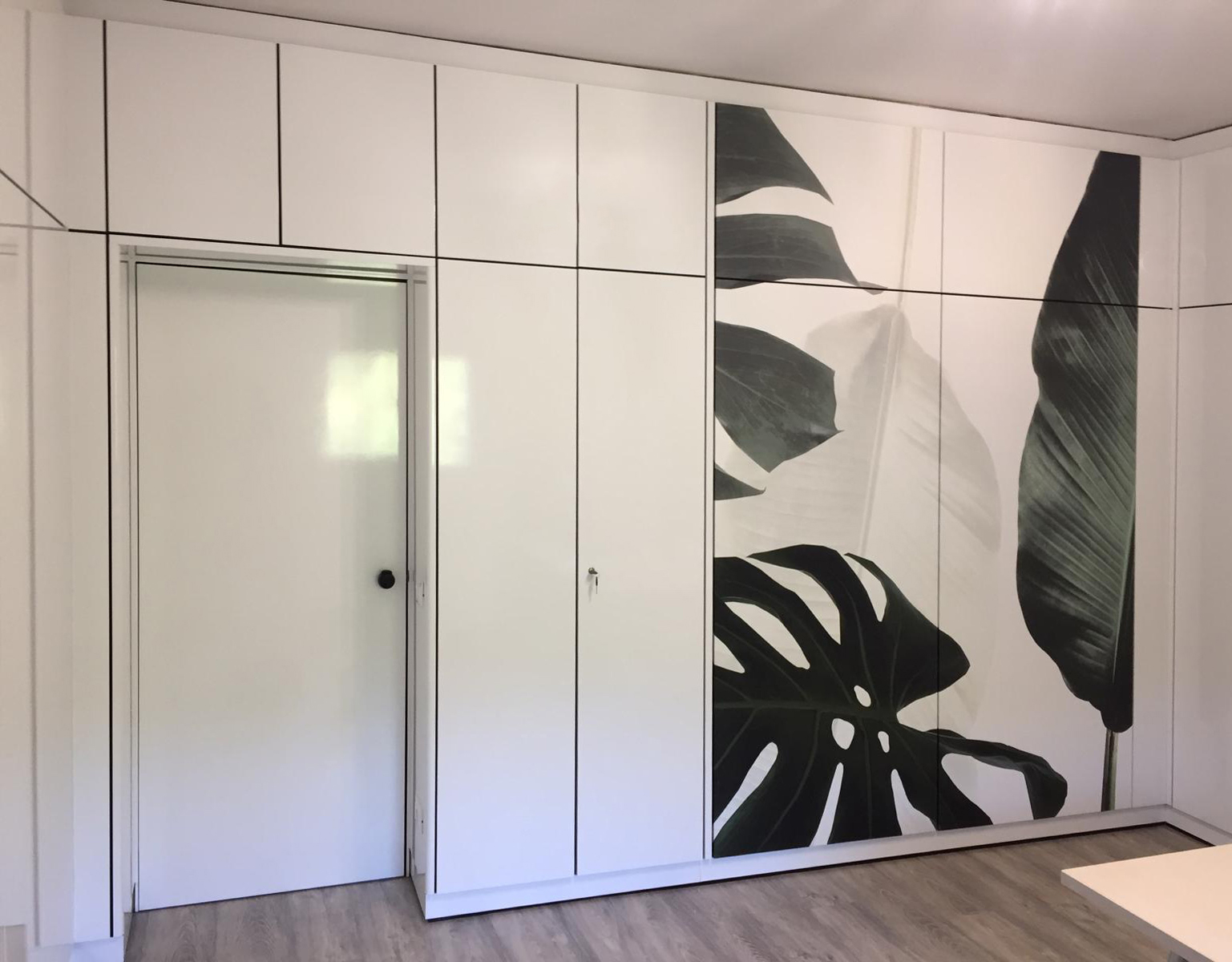 A wardrobe and a door with a black leaf pattern