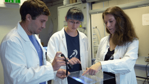 L'équipe BirdShades montre son produit dans un laboratoire de recherche.