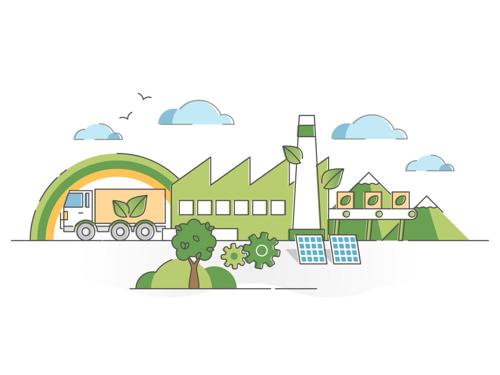 Zu sehen ist eine Zeichnung, die nachhaltiges Wirtschaften darstellen soll