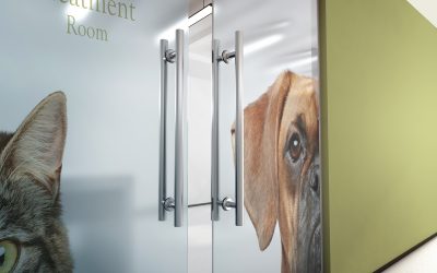 Zu sehen ist der Eingang zu einer Tierarztpraxis - die Türe ist beklebt durch eine Glasdekorfolie, die eine Katze und einen Hund zeigt